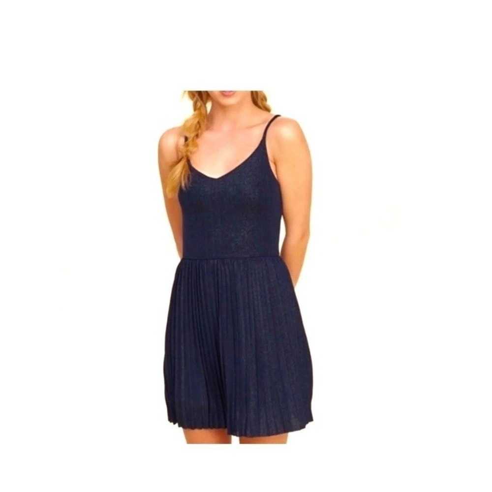 Hollister Co. Fit and Flare Pleated Mini Dress‎ Navy Blue Shimmer B Neck S NEW
